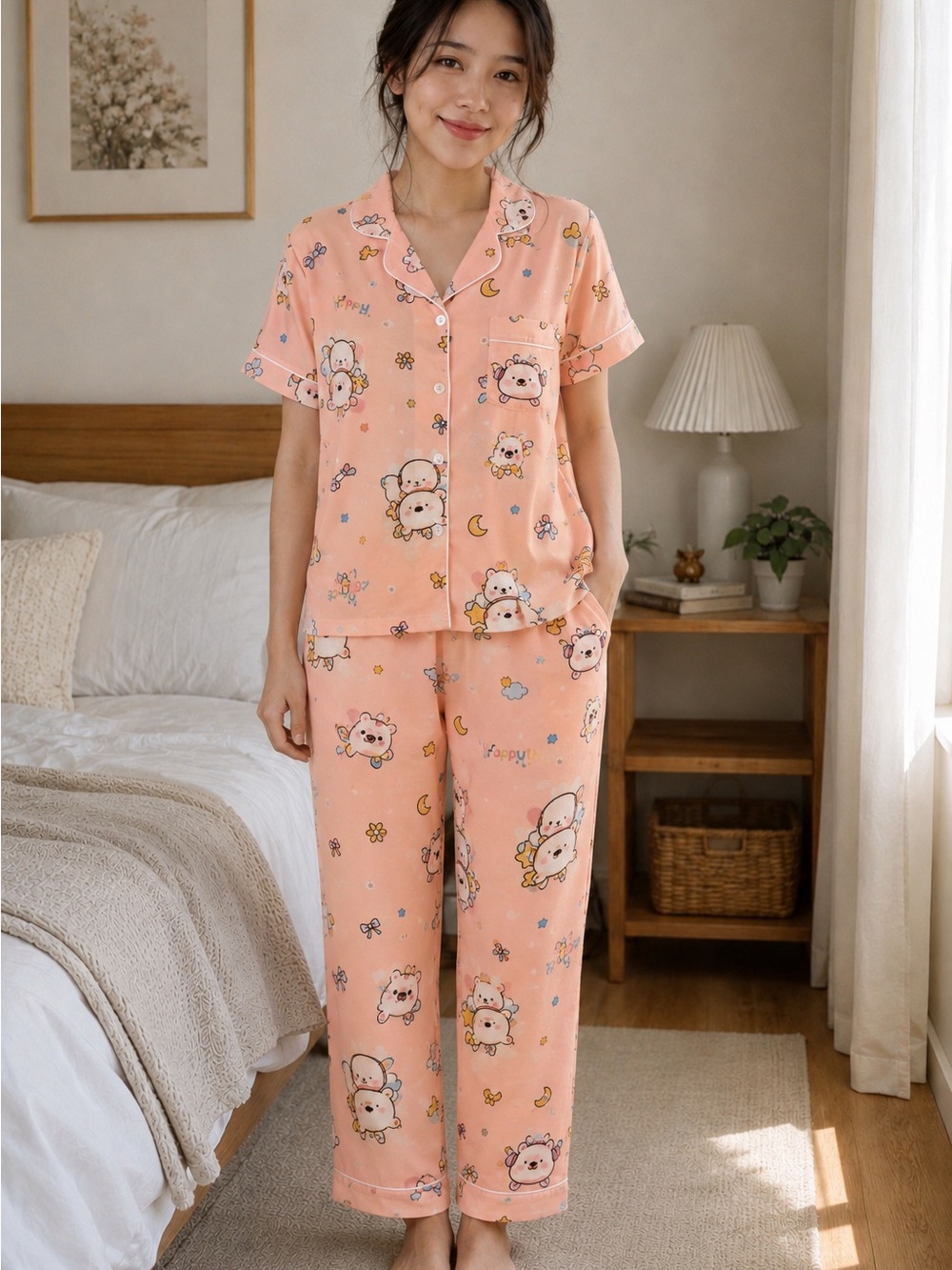 Women's Peach Cartoon Cotton Pajama Set